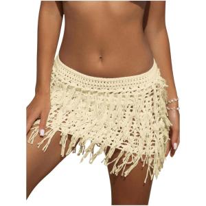 imageVerdusa Womens Fringe Trim Hollow Out Crochet Short Skirt Cover UpApricot