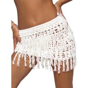 imageVerdusa Womens Fringe Trim Hollow Out Crochet Short Skirt Cover UpWhite