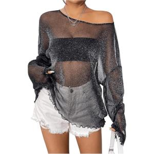imageVerdusa Womens Glitter Mesh See Through Top Long Sleeve Oversized Tee ShirtBlack