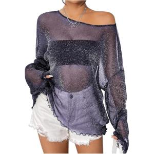 imageVerdusa Womens Glitter Mesh See Through Top Long Sleeve Oversized Tee ShirtBlue
