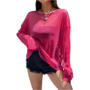 imageVerdusa Womens Glitter Mesh See Through Top Long Sleeve Oversized Tee ShirtHot Pink