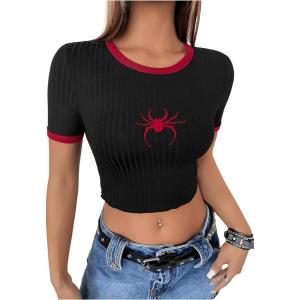 imageVerdusa Womens Graphic Tee Embroidery Vintage Top Contrast Trim Ribbed Round Neck T ShirtBlack