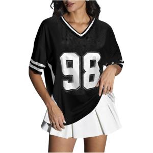 imageVerdusa Womens Jersey Shirts for Women Graphic Number Shirt Soccer Jersey Summer Oversized T Shirts TopsBlack
