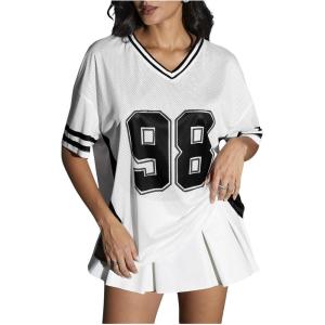 imageVerdusa Womens Jersey Shirts for Women Graphic Number Shirt Soccer Jersey Summer Oversized T Shirts TopsBlack and White