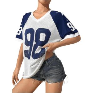 imageVerdusa Womens Jersey Shirts for Women Graphic Number Shirt Soccer Jersey Summer Oversized T Shirts TopsBlue White