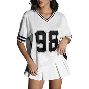 imageVerdusa Womens Jersey Shirts for Women Graphic Number Shirt Soccer Jersey Summer Oversized T Shirts TopsWhite Black