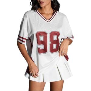 imageVerdusa Womens Jersey Shirts for Women Graphic Number Shirt Soccer Jersey Summer Oversized T Shirts TopsWhite Red