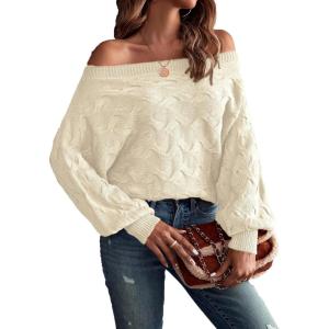 imageVerdusa Womens Off The Shoulder Sweater Top Dolman Sleeve Textured Knit Pullover SweatersApricot