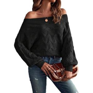 imageVerdusa Womens Off The Shoulder Sweater Top Dolman Sleeve Textured Knit Pullover SweatersBlack