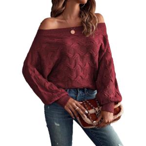 imageVerdusa Womens Off The Shoulder Sweater Top Dolman Sleeve Textured Knit Pullover SweatersBurgundy