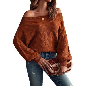 imageVerdusa Womens Off The Shoulder Sweater Top Dolman Sleeve Textured Knit Pullover SweatersRust Brown