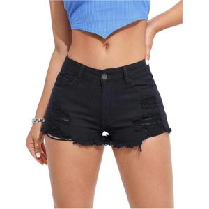 imageVerdusa Womens Ripped Distressed Skinny Denim ShortsPure Solid Black