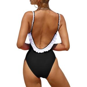 imageVerdusa Womens Ruffled Open Back Spaghetti Strap One Piece Swimsuit SwimwearBlack