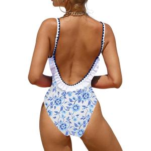 imageVerdusa Womens Ruffled Open Back Spaghetti Strap One Piece Swimsuit SwimwearBlue and White