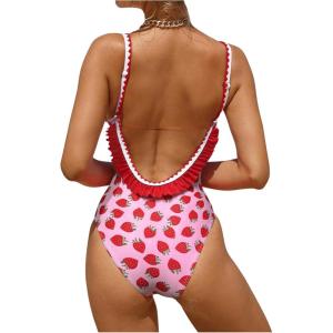 imageVerdusa Womens Ruffled Open Back Spaghetti Strap One Piece Swimsuit SwimwearStrawberry
