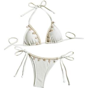 imageVerdusa Womens Sexy Halter Triangle Tie Side Bikini Set Ribbed Swimsuits 2 Piece Bathing SuitApricot