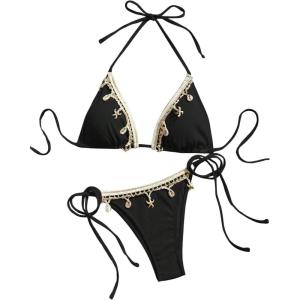 imageVerdusa Womens Sexy Halter Triangle Tie Side Bikini Set Ribbed Swimsuits 2 Piece Bathing SuitBlack