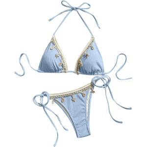 imageVerdusa Womens Sexy Halter Triangle Tie Side Bikini Set Ribbed Swimsuits 2 Piece Bathing SuitBlue