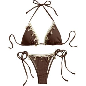 imageVerdusa Womens Sexy Halter Triangle Tie Side Bikini Set Ribbed Swimsuits 2 Piece Bathing SuitCoffee Brown