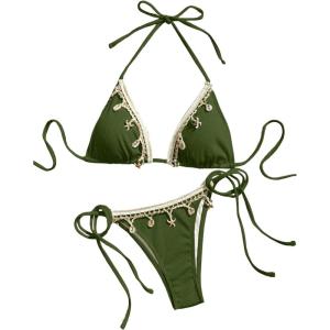 imageVerdusa Womens Sexy Halter Triangle Tie Side Bikini Set Ribbed Swimsuits 2 Piece Bathing SuitDark Green