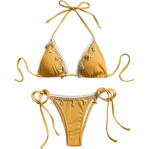 imageVerdusa Womens Sexy Halter Triangle Tie Side Bikini Set Ribbed Swimsuits 2 Piece Bathing SuitGinger
