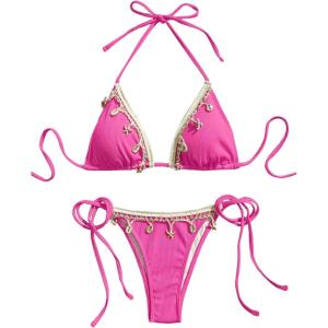 imageVerdusa Womens Sexy Halter Triangle Tie Side Bikini Set Ribbed Swimsuits 2 Piece Bathing SuitHot Pink