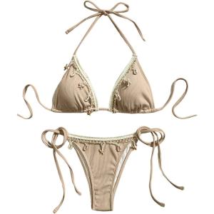 imageVerdusa Womens Sexy Halter Triangle Tie Side Bikini Set Ribbed Swimsuits 2 Piece Bathing SuitLight Brown