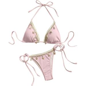 imageVerdusa Womens Sexy Halter Triangle Tie Side Bikini Set Ribbed Swimsuits 2 Piece Bathing SuitPink