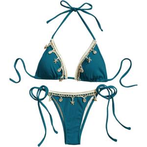 imageVerdusa Womens Sexy Halter Triangle Tie Side Bikini Set Ribbed Swimsuits 2 Piece Bathing SuitTeal Blue