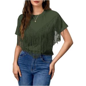 imageVerdusa Womens Short Sleeve Fringe Tops Tassel Trim Cowgirl Shirts Western OutfitsArmy Green