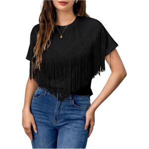 imageVerdusa Womens Short Sleeve Fringe Tops Tassel Trim Cowgirl Shirts Western OutfitsBlack