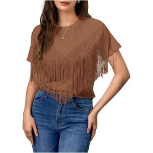 imageVerdusa Womens Short Sleeve Fringe Tops Tassel Trim Cowgirl Shirts Western OutfitsBrown