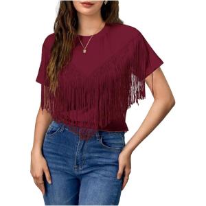 imageVerdusa Womens Short Sleeve Fringe Tops Tassel Trim Cowgirl Shirts Western OutfitsBurgundy