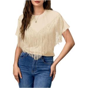 imageVerdusa Womens Short Sleeve Fringe Tops Tassel Trim Cowgirl Shirts Western OutfitsKhaki