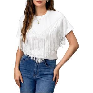 imageVerdusa Womens Short Sleeve Fringe Tops Tassel Trim Cowgirl Shirts Western OutfitsWhite