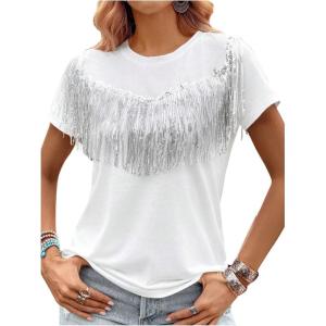 imageVerdusa Womens Short Sleeve Fringe Tops Tassel Trim Cowgirl Shirts Western OutfitsWhite and Silvery
