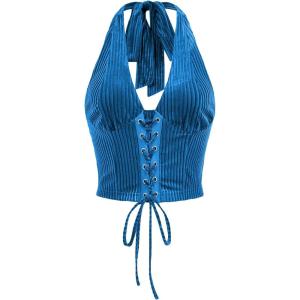 imageVerdusa Womens Sleeveless Halter Neck Lace Up Front Tie Back Crop TopBlue