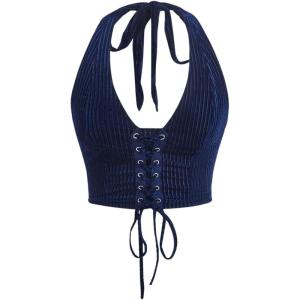 imageVerdusa Womens Sleeveless Halter Neck Lace Up Front Tie Back Crop TopDark Blue