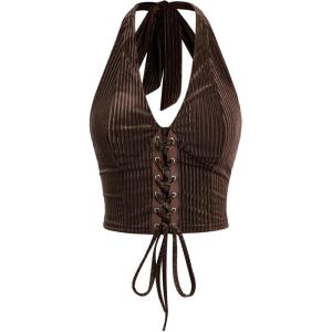 imageVerdusa Womens Sleeveless Halter Neck Lace Up Front Tie Back Crop TopDark Brown