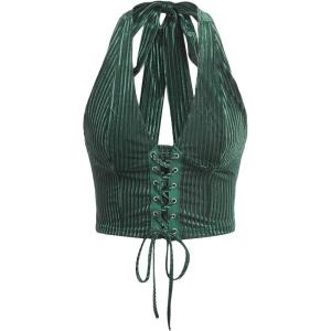 imageVerdusa Womens Sleeveless Halter Neck Lace Up Front Tie Back Crop TopDark Green