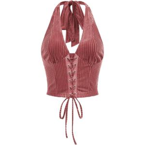 imageVerdusa Womens Sleeveless Halter Neck Lace Up Front Tie Back Crop TopDusty Pink