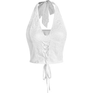 imageVerdusa Womens Sleeveless Halter Neck Lace Up Front Tie Back Crop TopLace White