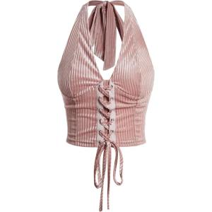 imageVerdusa Womens Sleeveless Halter Neck Lace Up Front Tie Back Crop TopLight Pink