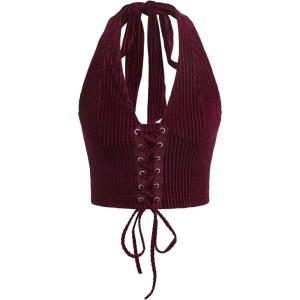 imageVerdusa Womens Sleeveless Halter Neck Lace Up Front Tie Back Crop TopMaroon