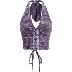 imageVerdusa Womens Sleeveless Halter Neck Lace Up Front Tie Back Crop TopPurple