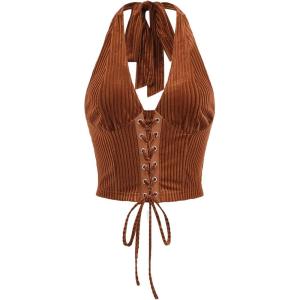 imageVerdusa Womens Sleeveless Halter Neck Lace Up Front Tie Back Crop TopRust Brown
