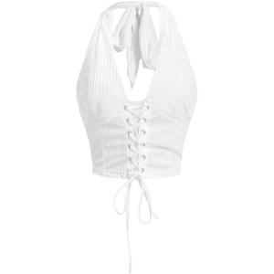 imageVerdusa Womens Sleeveless Halter Neck Lace Up Front Tie Back Crop TopWhite