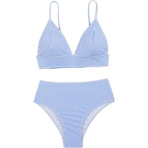 imageVerdusa Womens Striped High Waist Bikini Sets Swimsuit 2 Piece Bathing SuitsBlue and White