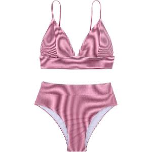 imageVerdusa Womens Striped High Waist Bikini Sets Swimsuit 2 Piece Bathing SuitsRed and White