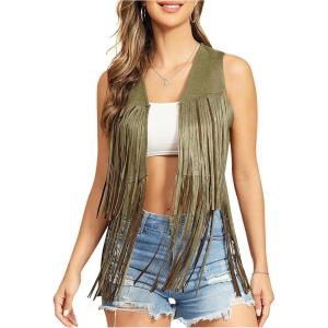 imageVerdusa Womens Tassel Sleeveless Vest 70s Hippie Faux Suede Fringe Jacket CardiganArmy Green